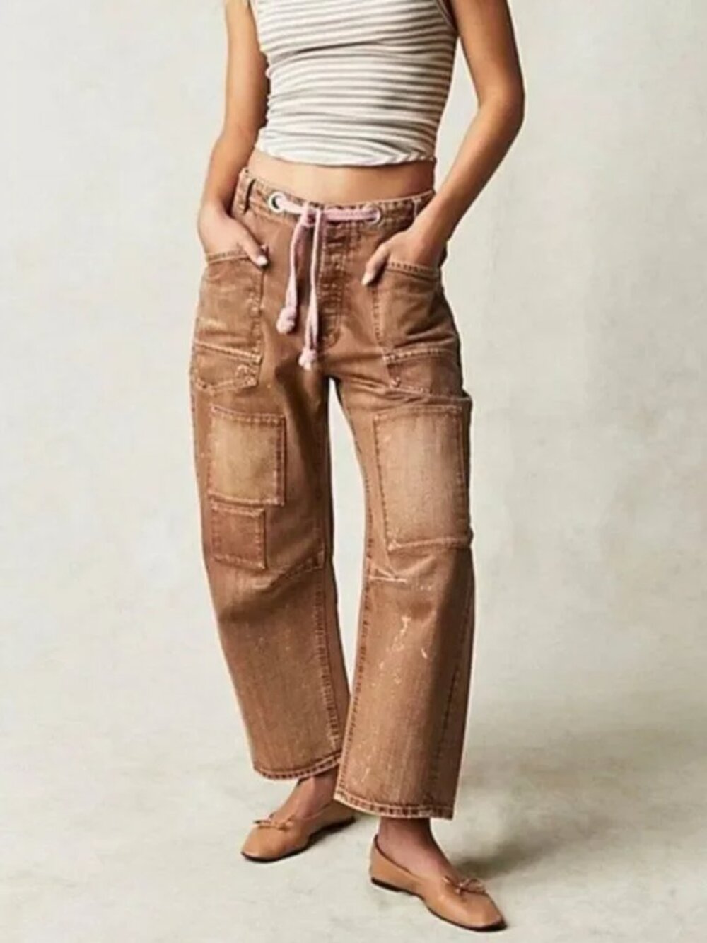 Free People We The Free Moxie Pull-On Barrel Jeans Brown Splatter NWOT Size 27